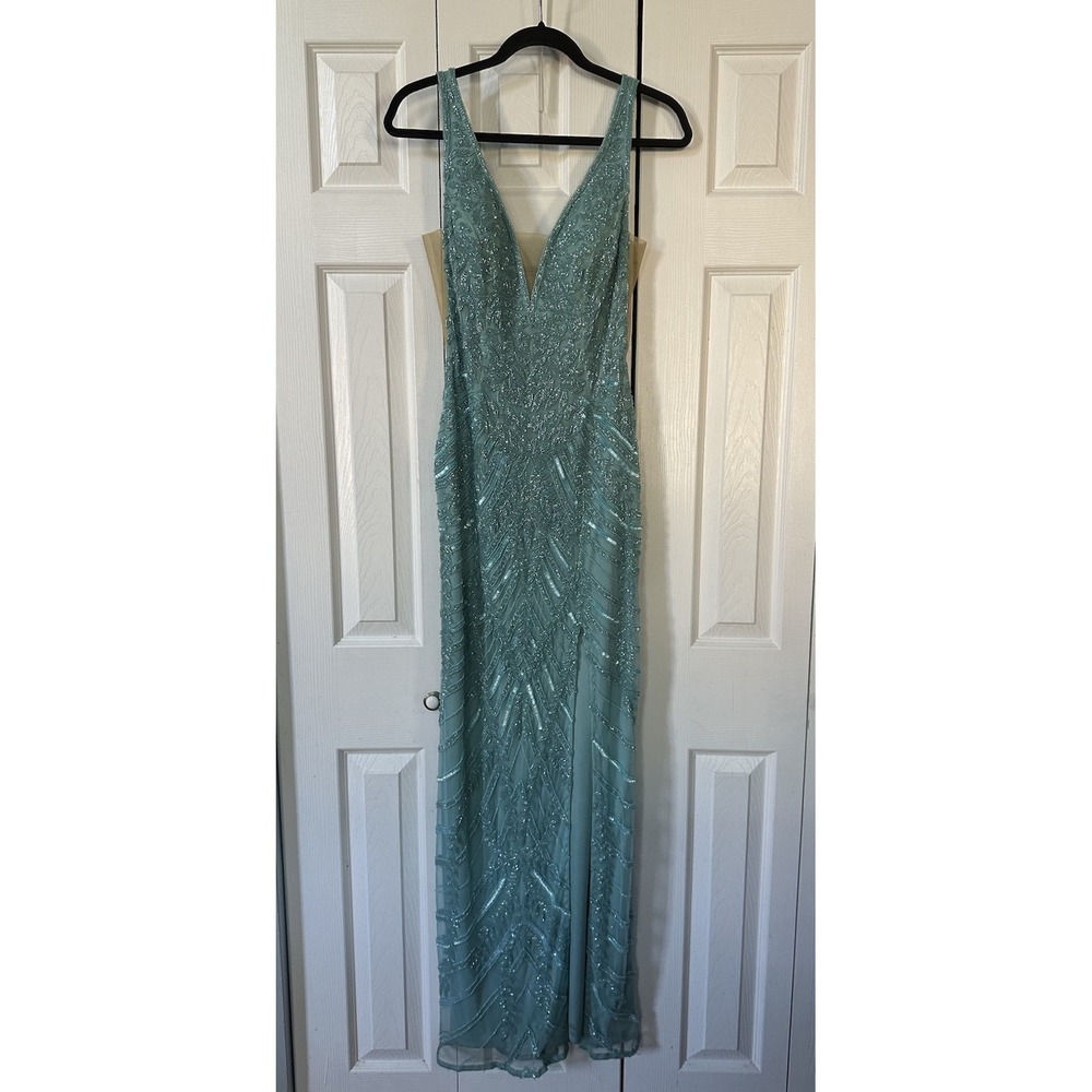Vintage Scala Aqua Beaded Gown Maxi Dress Y2K Fairycore Mermaid Formal 10
